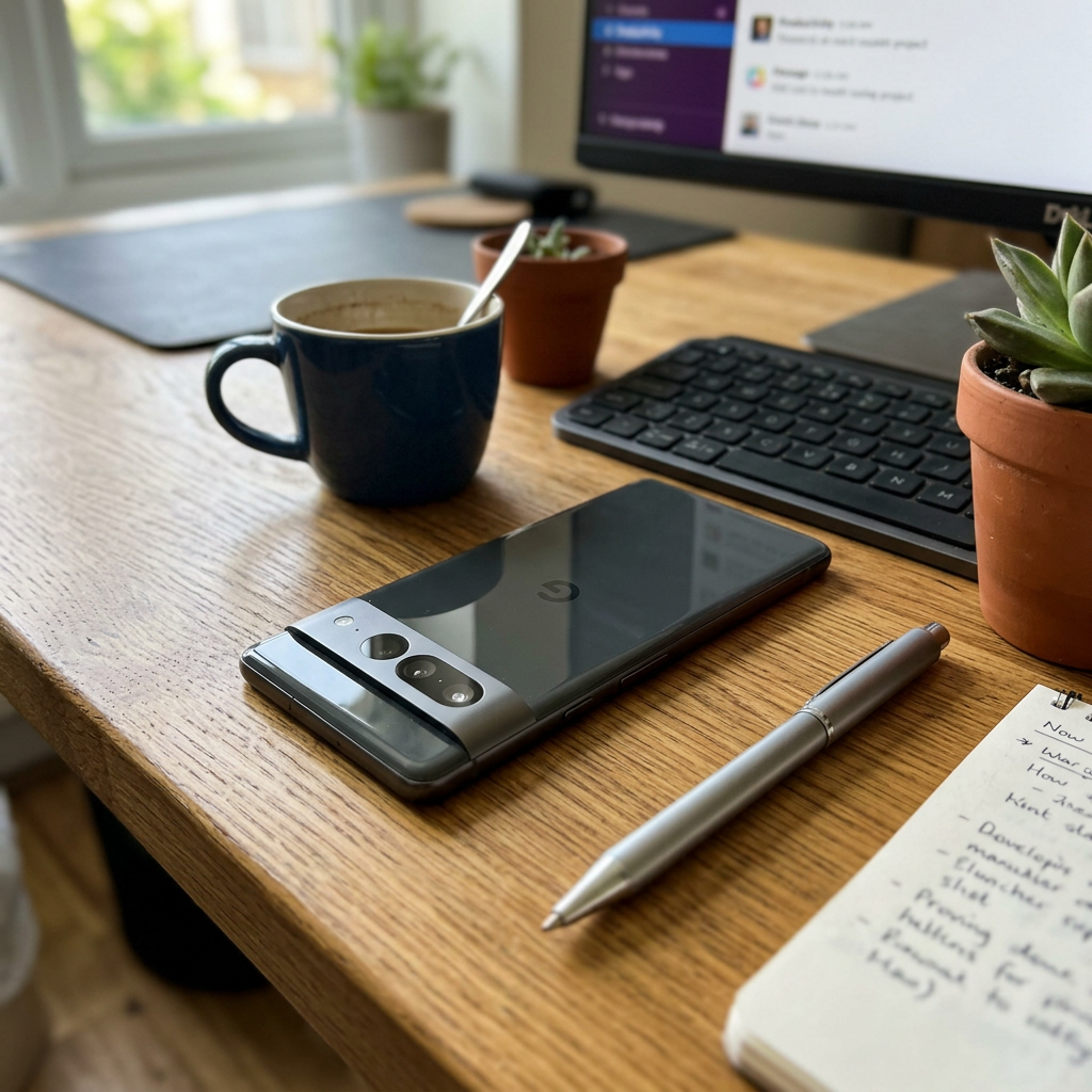 Smartphone, coffee cup with spoon, pen, notebook with handwritten notes, succulent plants, keyboard, and computer monitor on wooden desk
