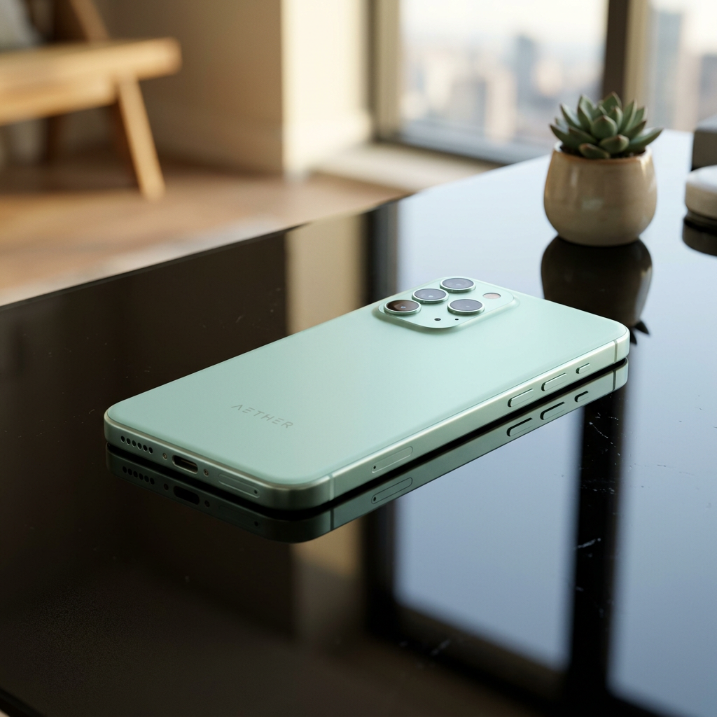 Mint green smartphone with triple camera on black reflective table next to a small potted succulent plant