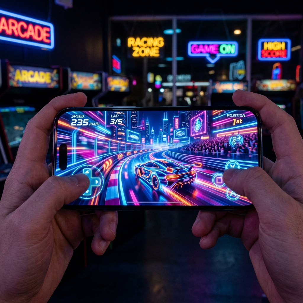 Smartphone horizontal with racing game neon reflections
